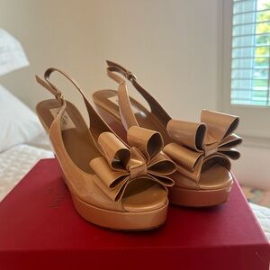 Nude Valentino bow heel wedges